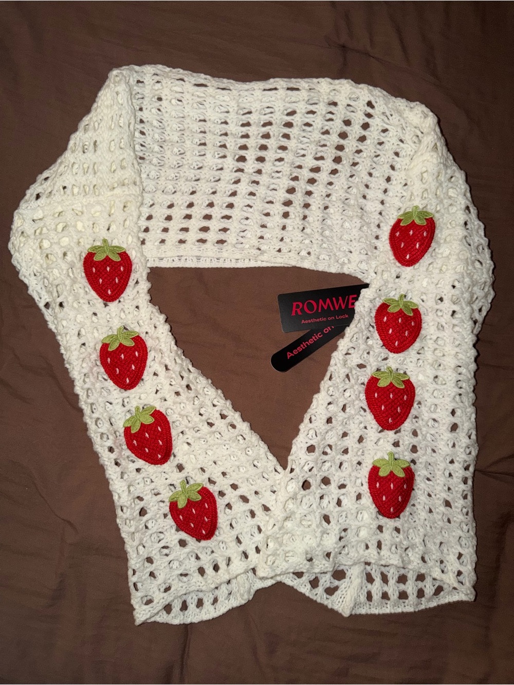ROMWE White Open-Knit Scarf with Red Strawberry Appliqués